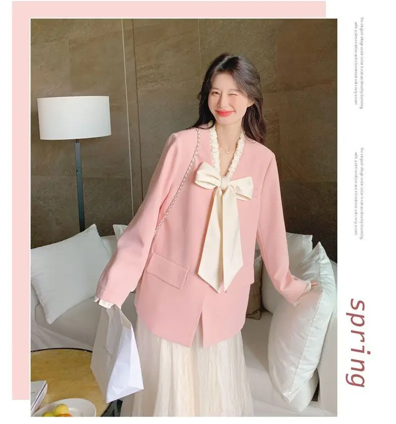 

Korea Pink Suit Spring Autumn Women'S 2024 New Coat Korean Edition Sweet Bow Tie High End Small Blazers Trendy OL Top