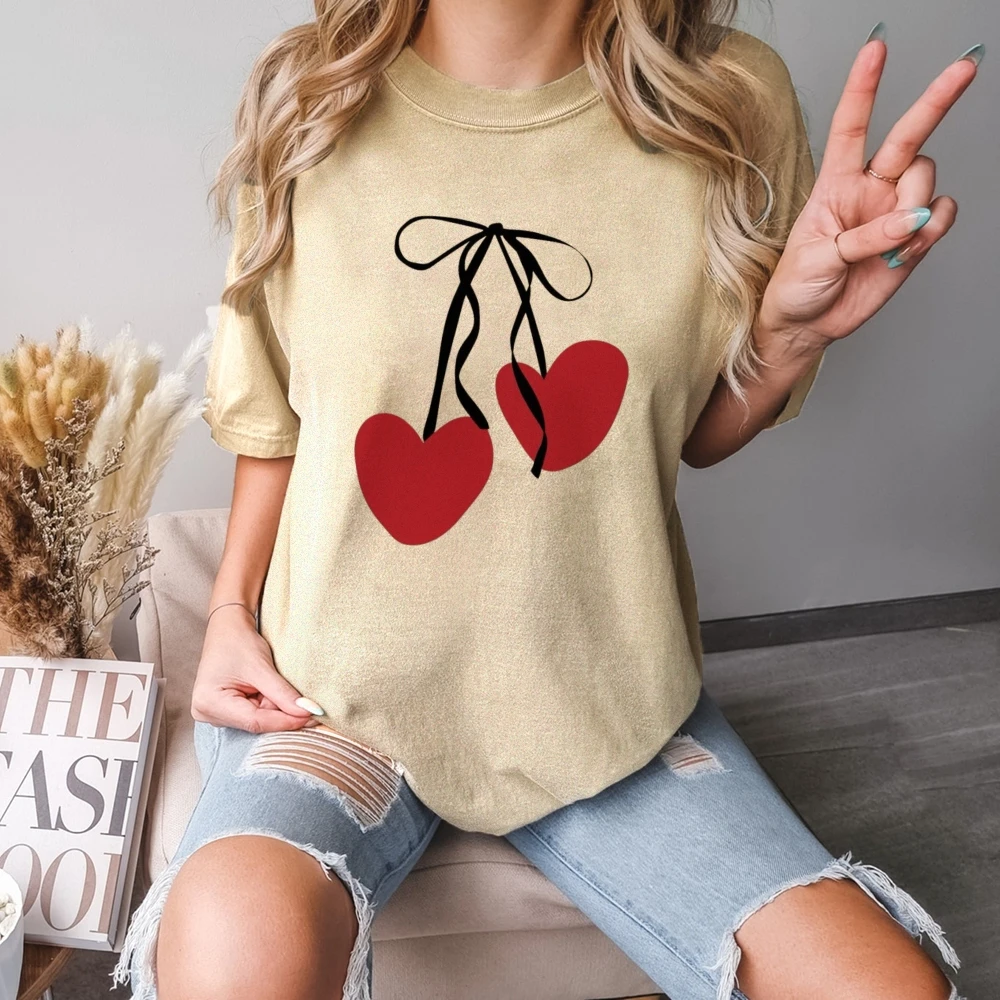 

Graphic T-shirt Heart Cherry T-shirt All Cotton High Quality Oversize Colorful T-shirt Red Heart Print Romantic Y2K Trend