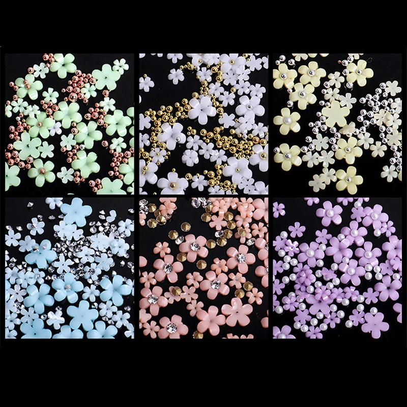 12/6Grids Five Petal Flower Nail Art Rhinestones 3D Resin Acrylic Flower Nail Charms Pink White with Beads DIY Flower Nail Part