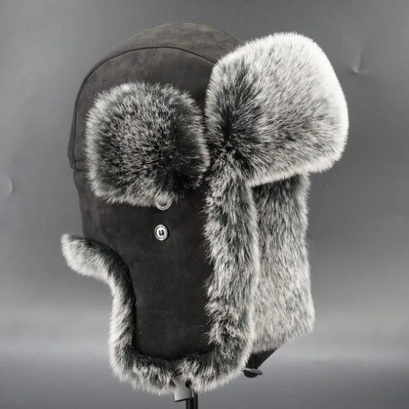 Topi Lei Feng 58-60cm untuk Pria, Musim Dingin, Bulu Imitasi Rubah, Tebal, Pelindung Telinga, Anti Dingin, Hangat, Anti Angin, untuk Ski