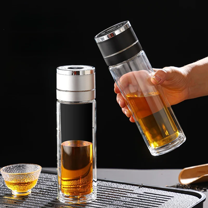 Double Layer High Borosilie Glass Tea Brewing Portable Car Use Anti Scalding One Touch Lid Water Cup Transparent Cylinder ...
