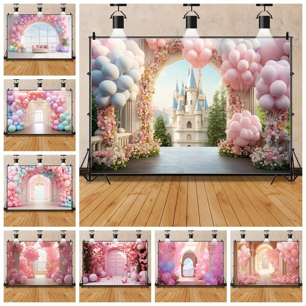 Pink Princess Girl Birthday Background Balloon Arch Flower Photography Backdrop Customized Children\'s Birthday Party Cake Banner