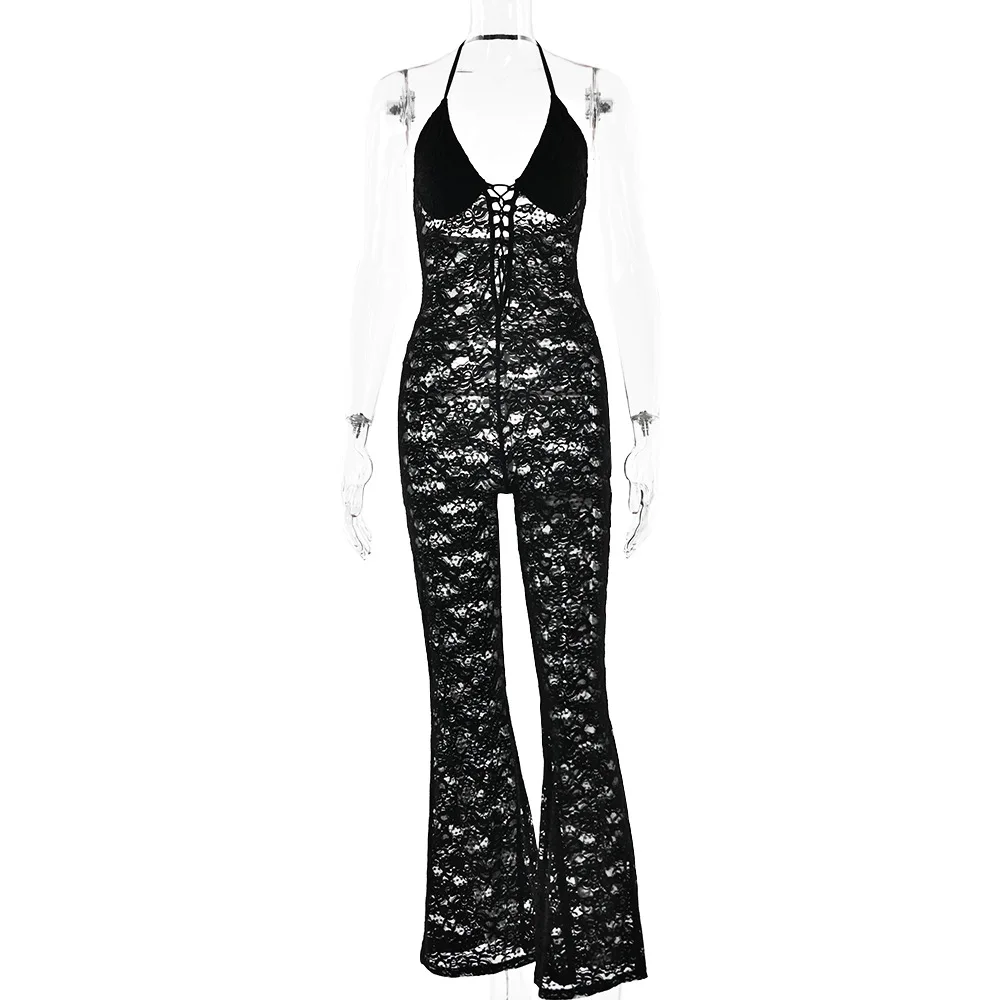 Sexy mesh lace see-through backless halter v neck slim fitness one piece bodysuit jumpsuit flare leg pants