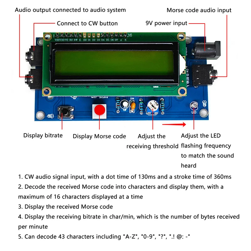Electronic DIY CW Decoder Kit 9V DC Morse Code Reader LCD Digital Display Radio Circuit Board Welding Practice Kits