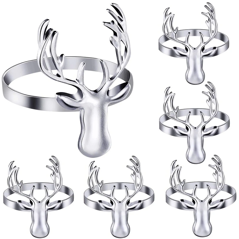 

6 Pieces Deer Napkin Rings, Christmas Metal Elk Napkin Ring Holders for Christmas, Wedding, Holiday Parties,(Silver)