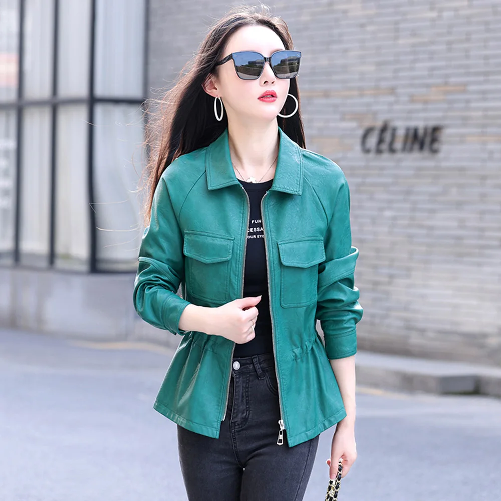 Women Leather Jacket Spring Autumn Casual Fashion Turn-down Collar Drawstring Waist Sheep Leather Coat Slim Moto & Biker Jacket