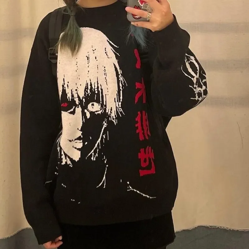 

Japan Hip Hop Knitted Men's Women Sweater 2023 Harajuku cartoon Fashion Pattern Printing Loose Tops Casual Streetwear Pullover