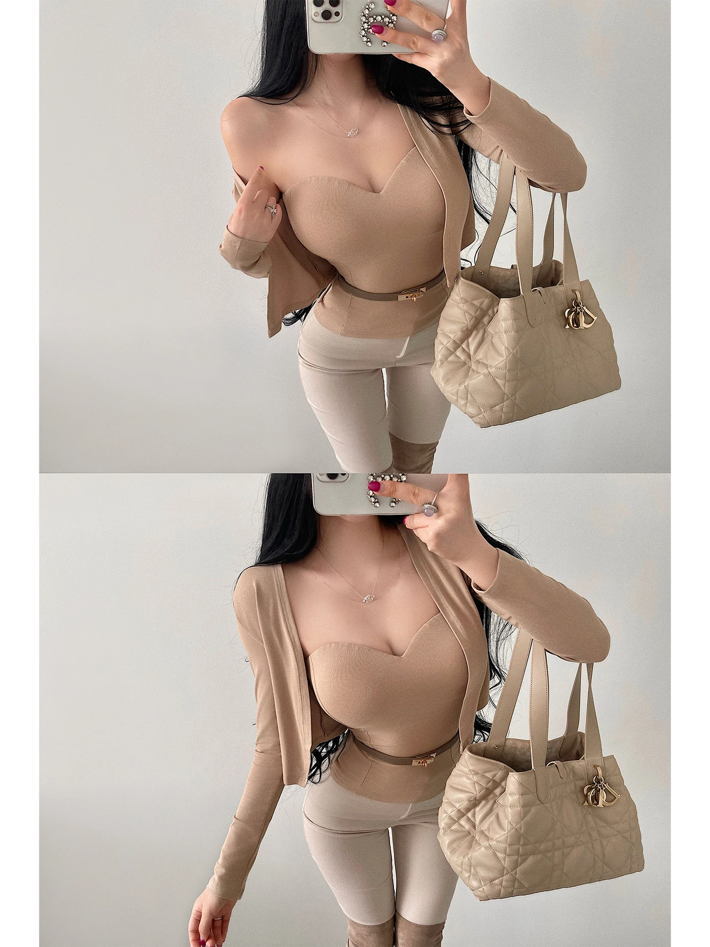 Young Girl Day Pure Desire Sexy Invisible Mesh Splice Built-in Chest Pad Tube Top Long Sleeve Open Cardigan Set Women's Fashion