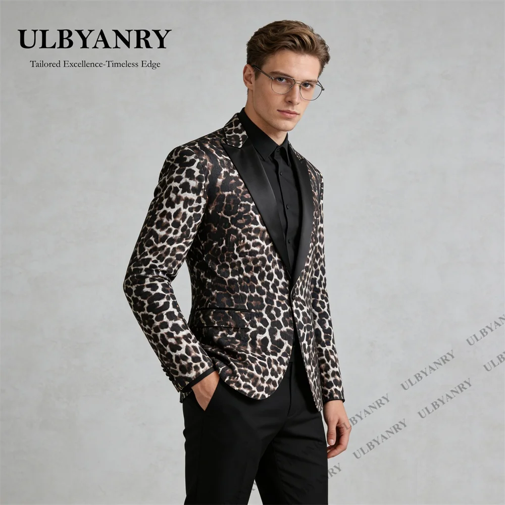 Fashion Men’s Wild Leopard Pattern Suit Jacket, Satin Collar Single - Button Blazer for Date Gala Performance Gathering Wedding