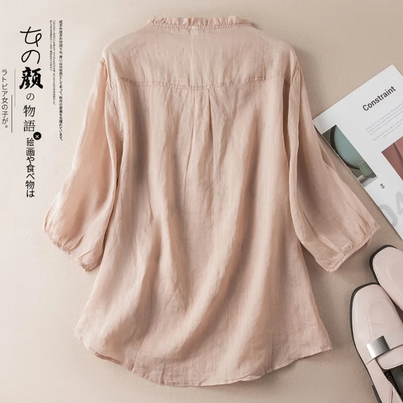 Chinese Style Women\'s Shirt Cotton Linen Vintage Embroidery Blouses Loose Short Sleeves Women Tops Summer Clothing