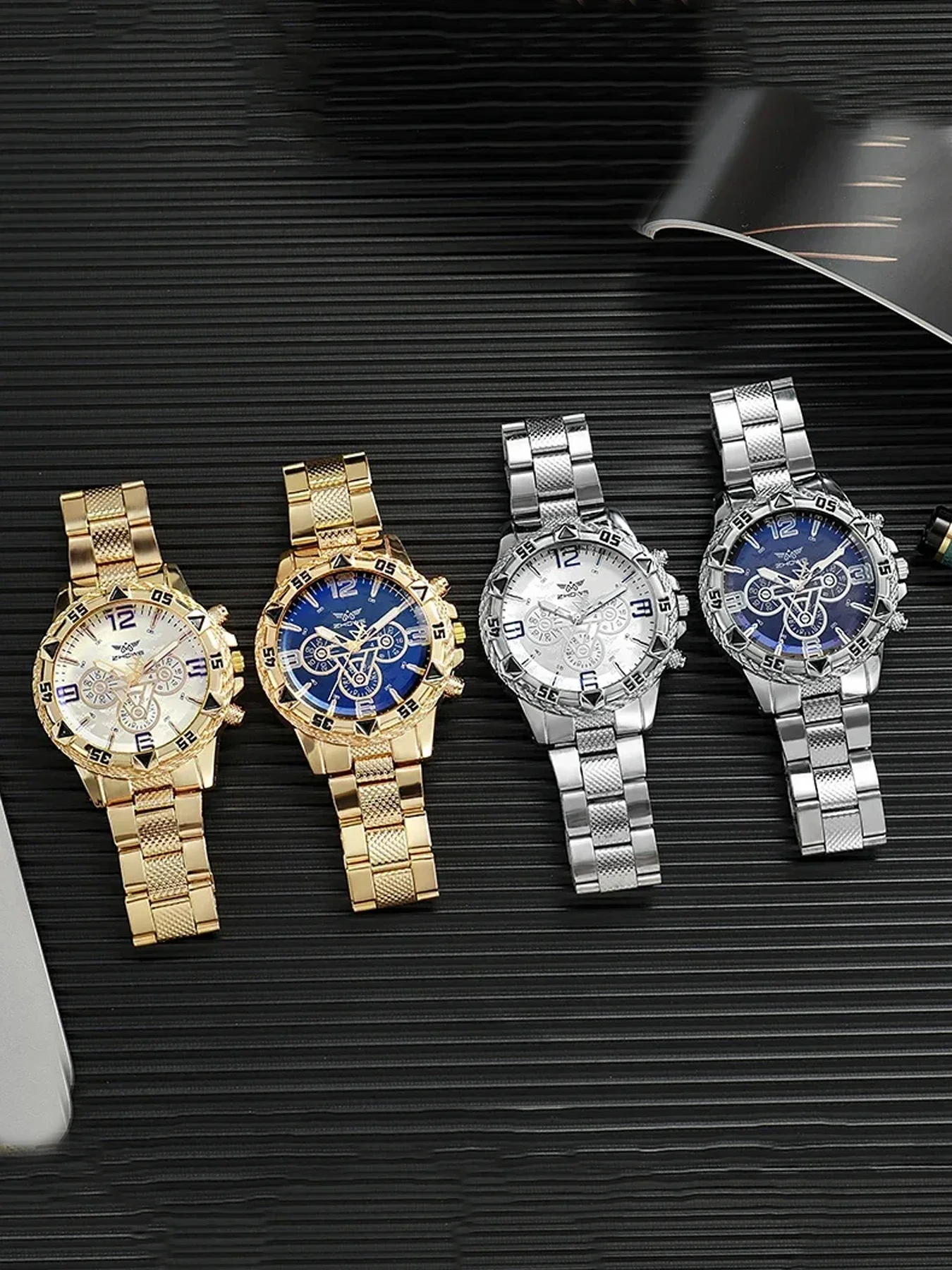 

Large dial gold watch, blue light men's watch, men's watch, steel strap quartz watch