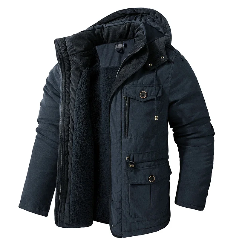 

Mens Hooded Thicken Outwear Cotton Parka Snow Coats Male Windbreaker Warm Winter Jacket Cashmere Fleece Inner Cotton-Padded Coat