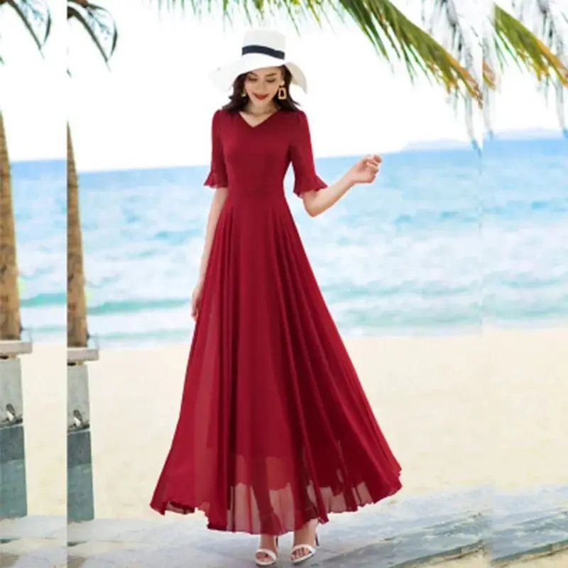 Vestido feminino com decote em v para escritório, manga curta, cor sólida, esbelto na altura do joelho, vestidos a linha A, império, confortável, chiffon, roupas femininas