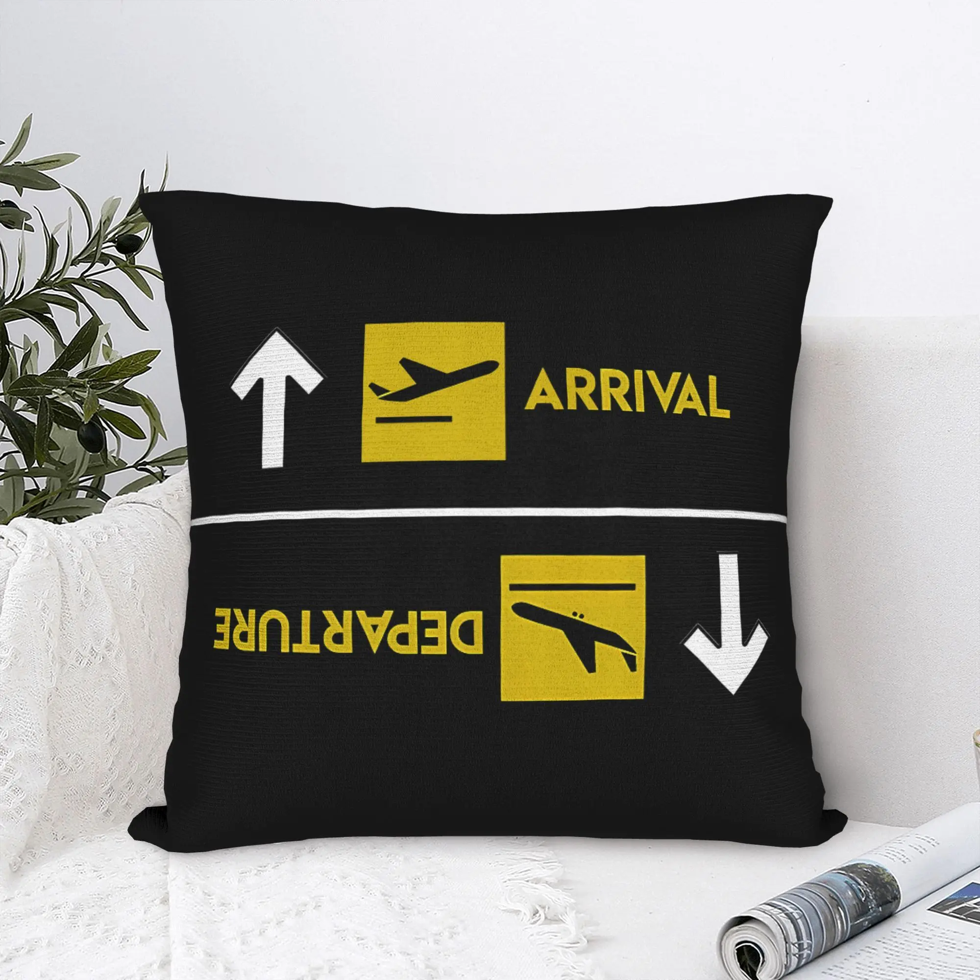 Airport Arrival Departure Pillow Cover Travel Sign Design Decorative Cushion Case , Zippered Machine Washable for Living Room