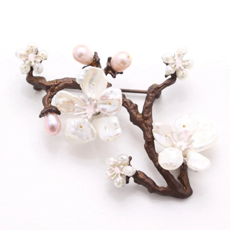 Pure Handmade Baroque Natural Freshwater Pearl Shell Flowers Brooch Pins Corsage Cherry Blossoms Branches Women Jewelry Gift 6cm