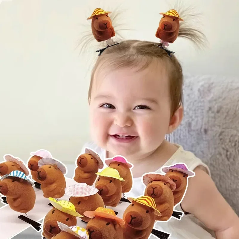 20pcs Kawaii Hair Clip Fashion Children Bow 3D Capybara Animal Plush Hairpin Funny Style Duckbill Clips Headdress Gifts