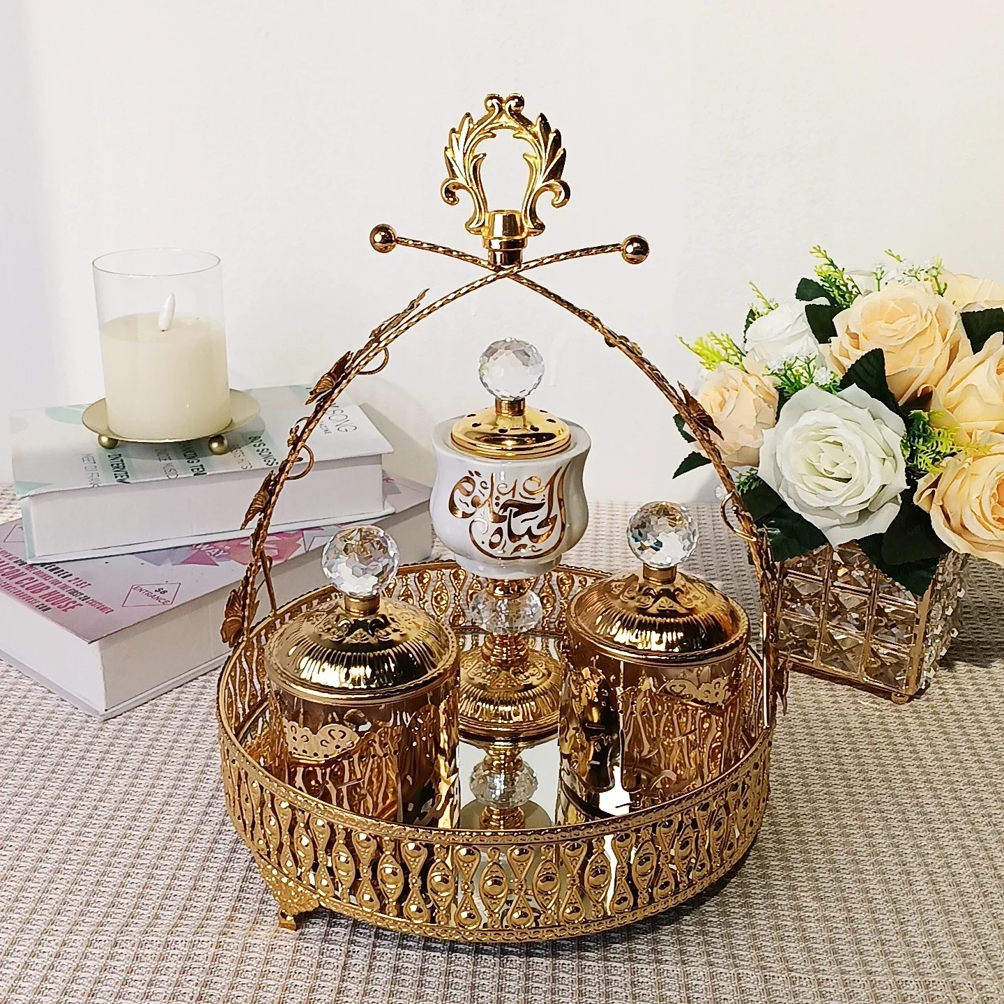 high quality modern party wedding home decoration metal ceramic gold white Arabic incense burner