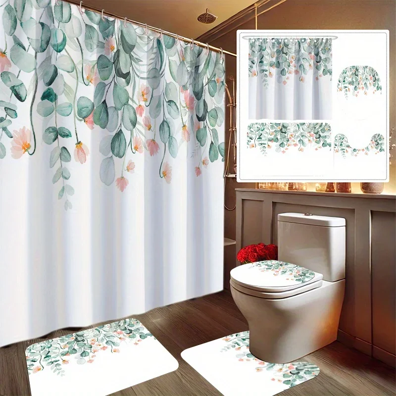 Il set da bagno da 4 pezzi con stampa floreale verde fresco include una tenda da doccia, un tappetino antiscivolo, un copriwater, un tappetino a forma di U