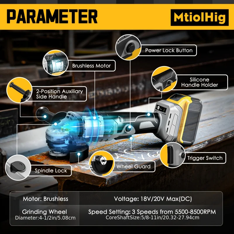 زاوية لاسلكية، بطارية AdaptationDewalt 20v، 8500 دورة/دقيقة، تلميع بدون فرش - محمل صغير 5/8-11 بوصة #2