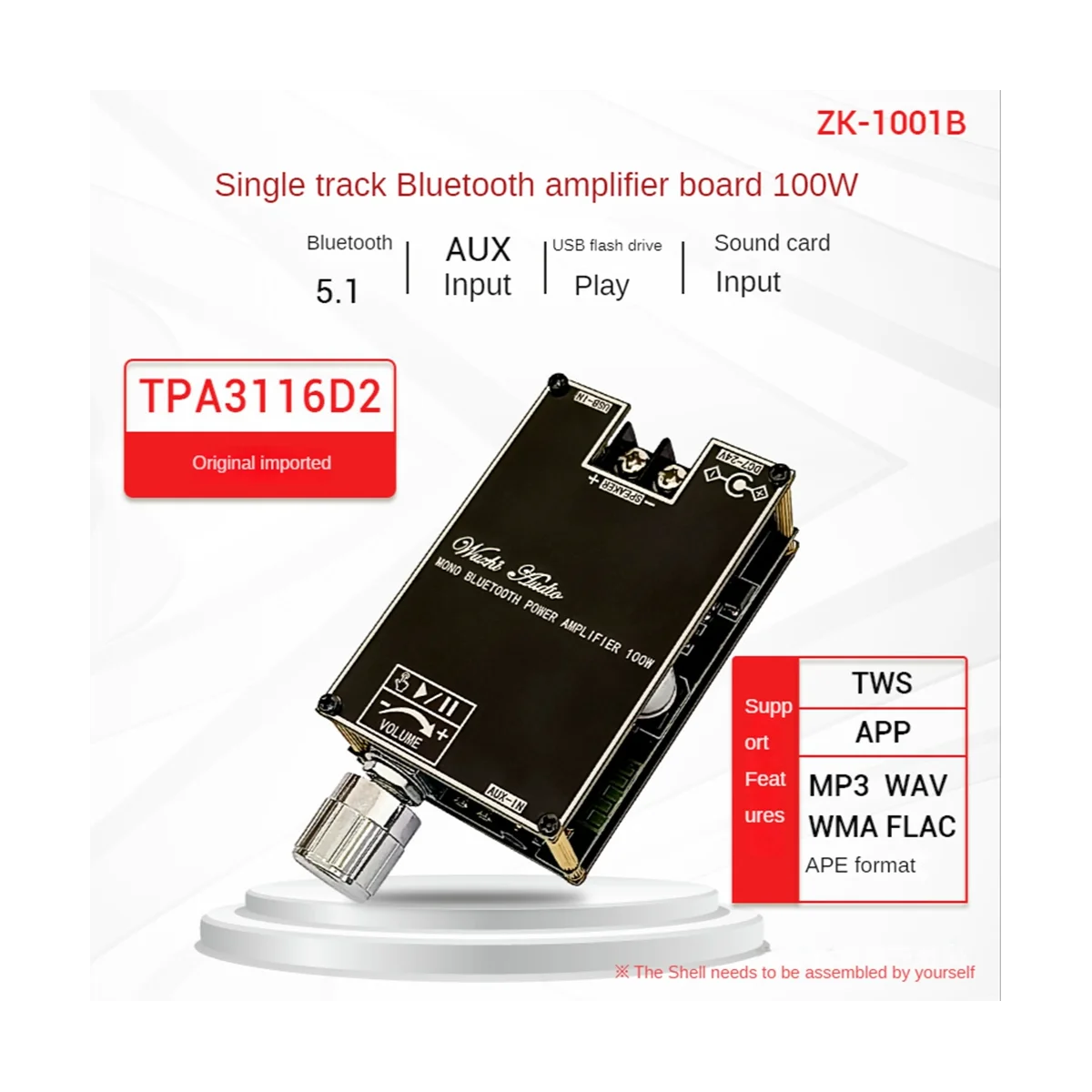 Mono Bluetooth Amplificador de Áudio Board com TWS Box Função, Módulo de Áudio Estéreo, TPA3116D2, BT5.1, DC 7-24V, ZK-1001B, 100W