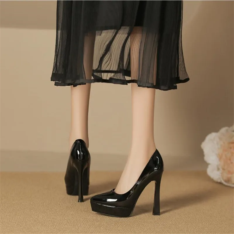 سوبر عالية الكعب وأشار الضحلة براءات الاختراع والجلود عالية الكعب موضة أحذية أنيقة النساء كعب رقيقة منصة أحذية عمل Pumps2025 #5