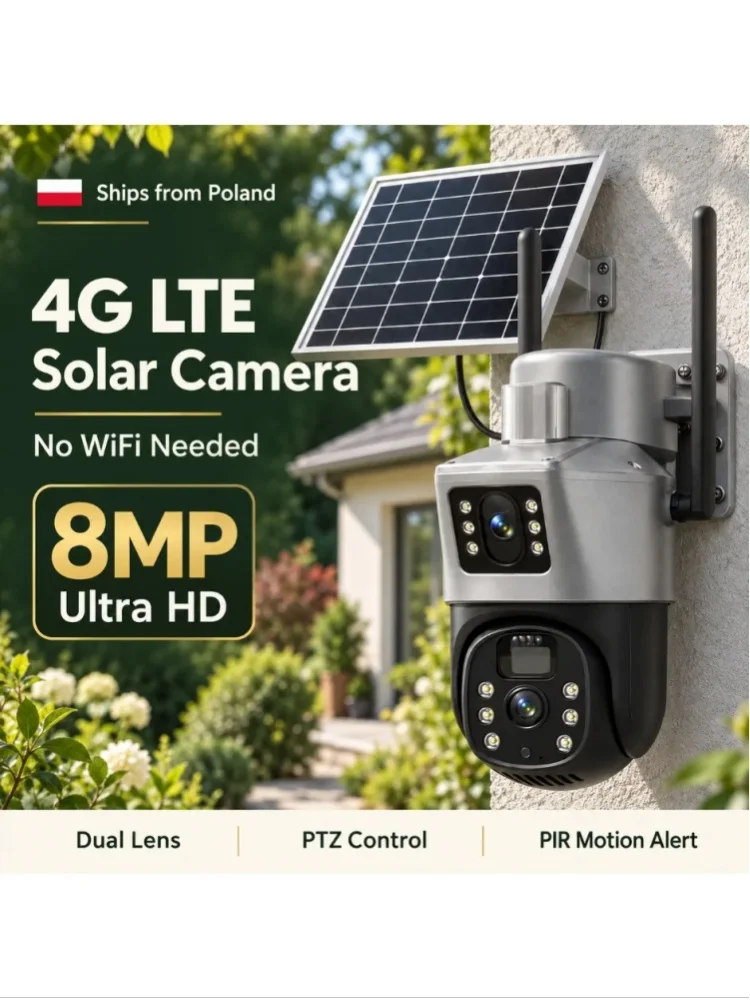 4K 8MP 4G SIM-Karten-Solar-Überwachungskamera mit Dual-Objektiv und Dual-Ansicht, Outdoor-PTZ-IP-Kamera, IP66 wasserdicht, PIR-Bewegungserkennung, Zwei-Wege-Audio, eingebauter Akku, kein WLAN