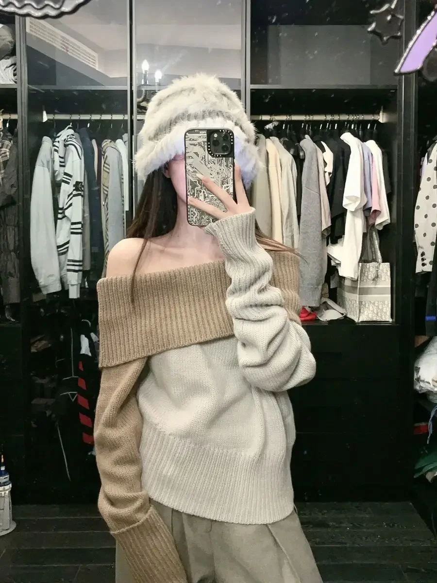 

Chic One-shoulder Knitted Sweater Autumn Winter Women Coat Long Sleeve Slim Tops Patchwork Pullover Knitwear Design Outerwear
