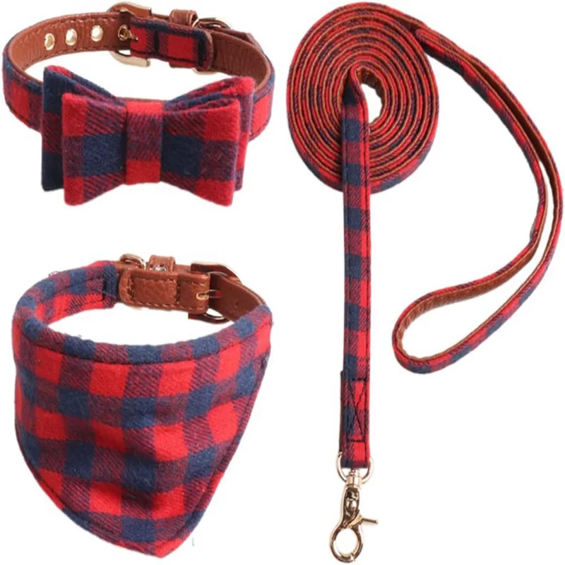 

Dog Collar and Lead Set, 3 Pieces Practical Classic Checked Dog Bow Tie and Dog Collar, Tangle-Free Dog Lead, Adjustable Collars