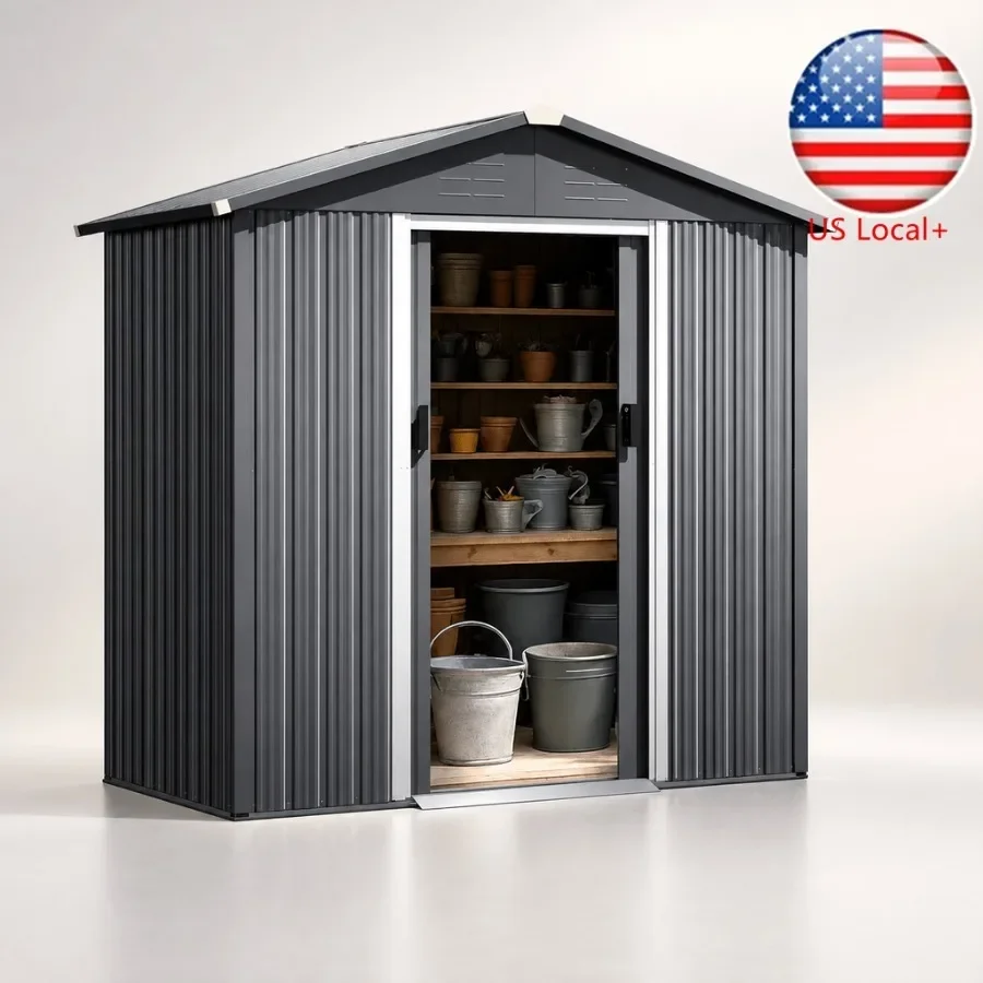 6 x 4 FT backyard patio lawn garden storage shed with sliding doors, galvanized sheet metal, black, anti-corrosion sloping roof