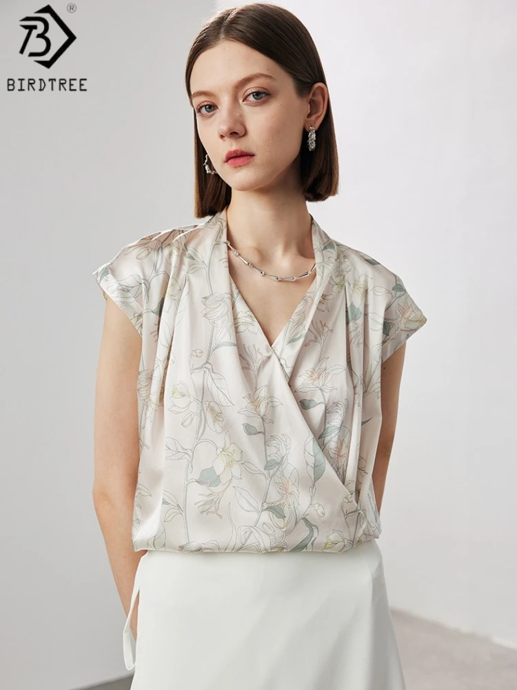 

Футболка Birdtree из 90% шелка и 10% спандекса, свободный топ с V-образным вырезом, женская эластичная атласная рубашка с коротким рукавом, повседневная, весна 2026, новинка T61736JF