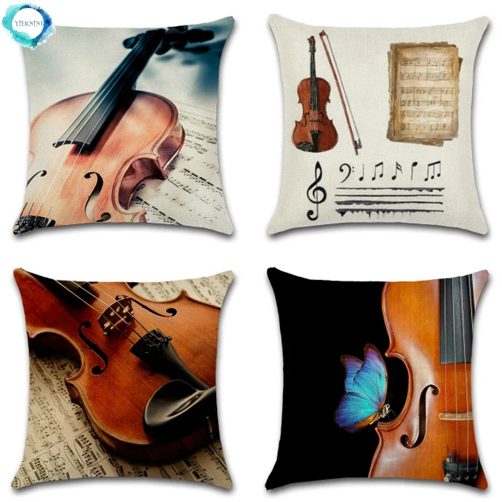 Music Instrument Violin Printed Decorative Cushion Cover Home Sofa Square Pillowcase Cotton Linen Pillow Cover Bedroom Car Decor