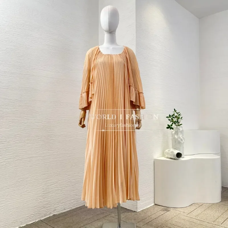 

2025 High Quality Orange Pleat Long Sleeve Midi Dress