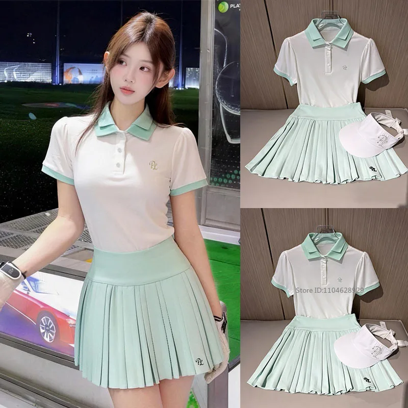 PL New Women Golf Polo Shirt Short Sleeve Double Lapel Top High Waist Pleated Golf Skirt Lady A-lined Tennis Slim Skirts XS-XL