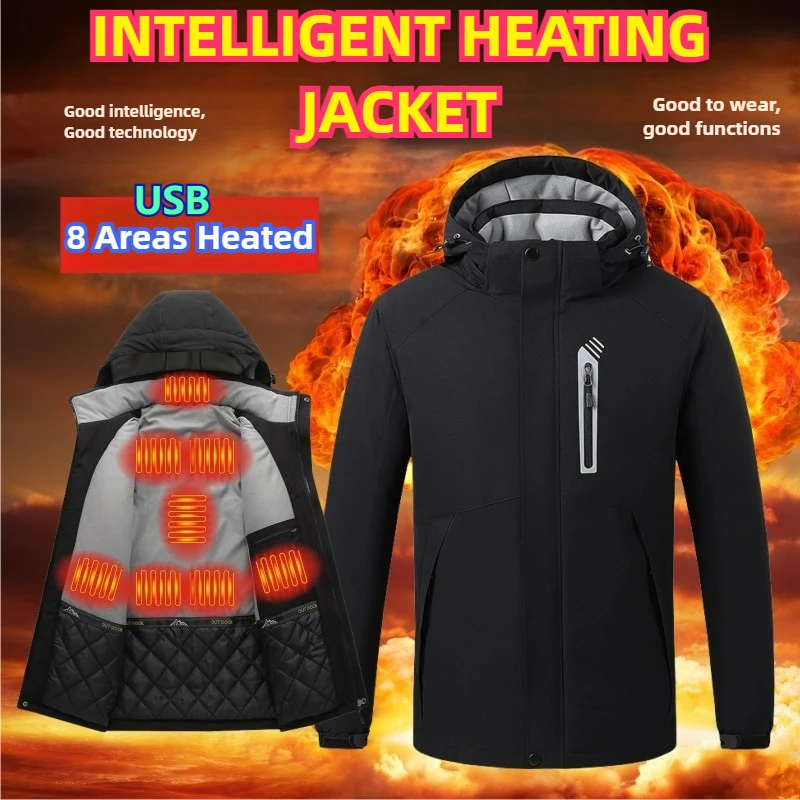 

COMXZ Mens 8 Zone Heated Jacket USB Rechargeable Electric Heating Windproof Winter Thermal Coat Waterproof Outdoor Work Wear​
