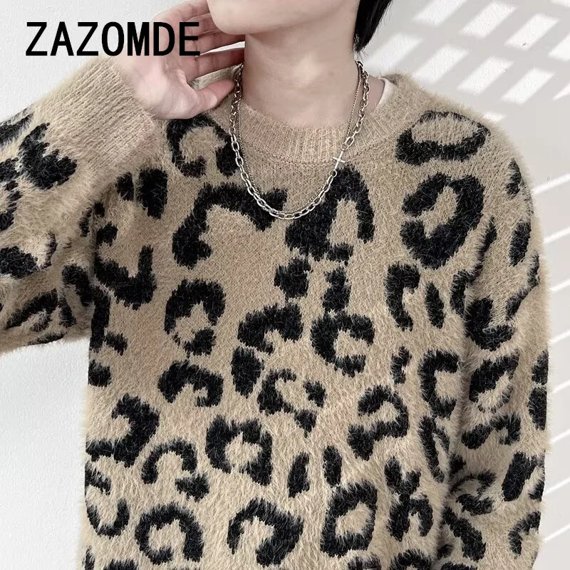 ZAZOMDE 2024 maglioni modello leopardo invernale coreano caldo lavoro a maglia inverno stampa animale pullover manica lunga Streetwear maglieria