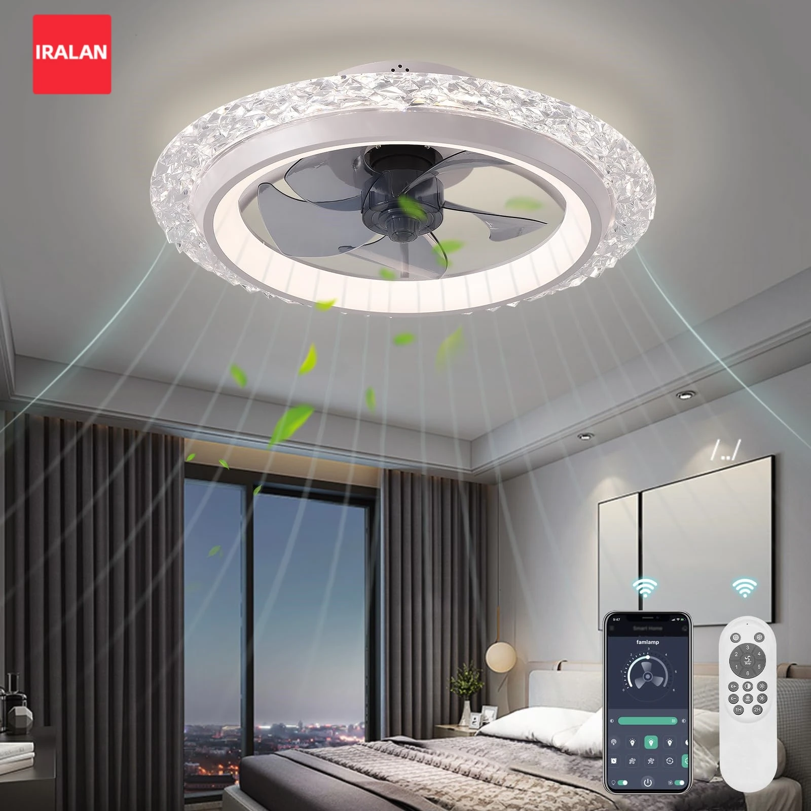Round Ceiling Fan Light 6 Wind Speeds Interior Simple Lustre LED Light Minimalist Fixture for Bedroom Household Ceiling Fan Lamp