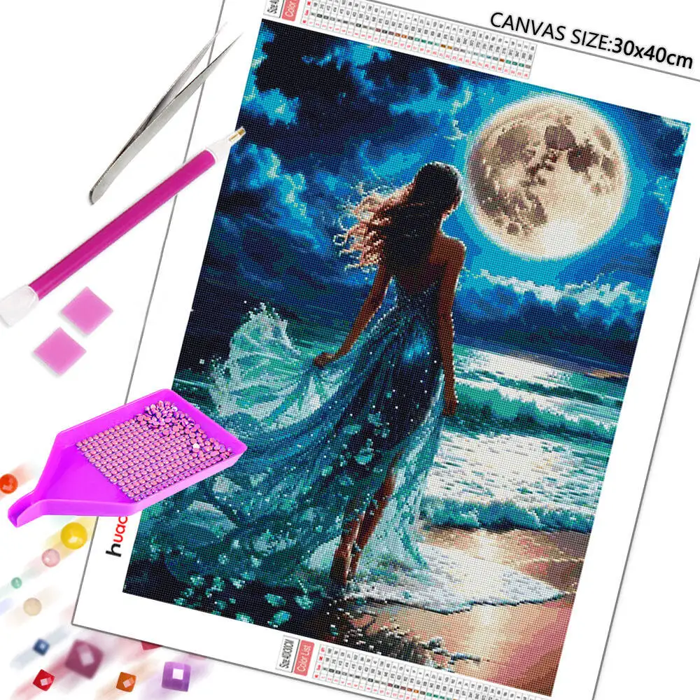 Huacan 5D Girl Back View Diamond Painting Seaside Scenery Night Full Square Round Drill Diamond Mosaic New Collection 2025 Gift