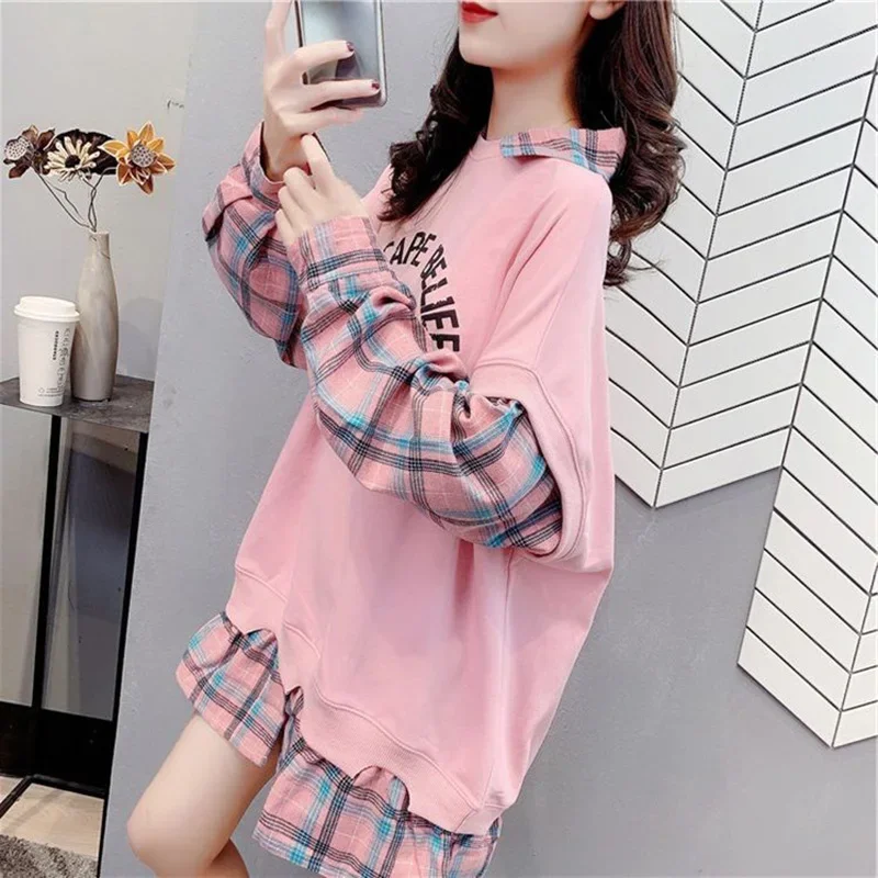 

Fashion Printed Spliced Plaid Fake Two Pieces Sweatshirts Female Clothing 2024 Autumn New Loose Casual Tops Korean Sweatshirts