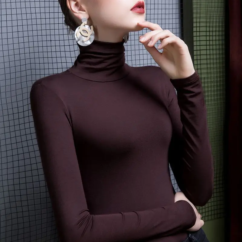 Solid Color Casual Autumn Winter T-Shirts 2025 New Korean Style Modal High Neck Slim Fit Long Sleeve Women's Yellow Tees Tops