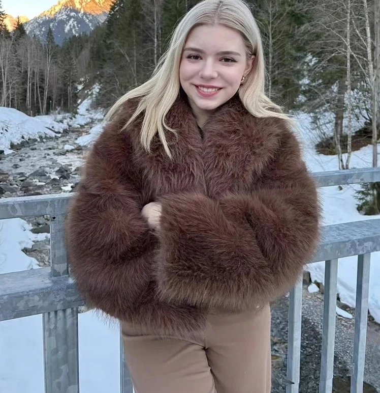 เสื้อโค้ทขนเฟอร์เทียมสำหรับผู้หญิง แขนยาว อุ่นสบาย เหมาะสำหรับฤดูหนาว สไตล์หรูหรา วินเทจ  สำหรับงานปาร์ตี้  แบบสั้น