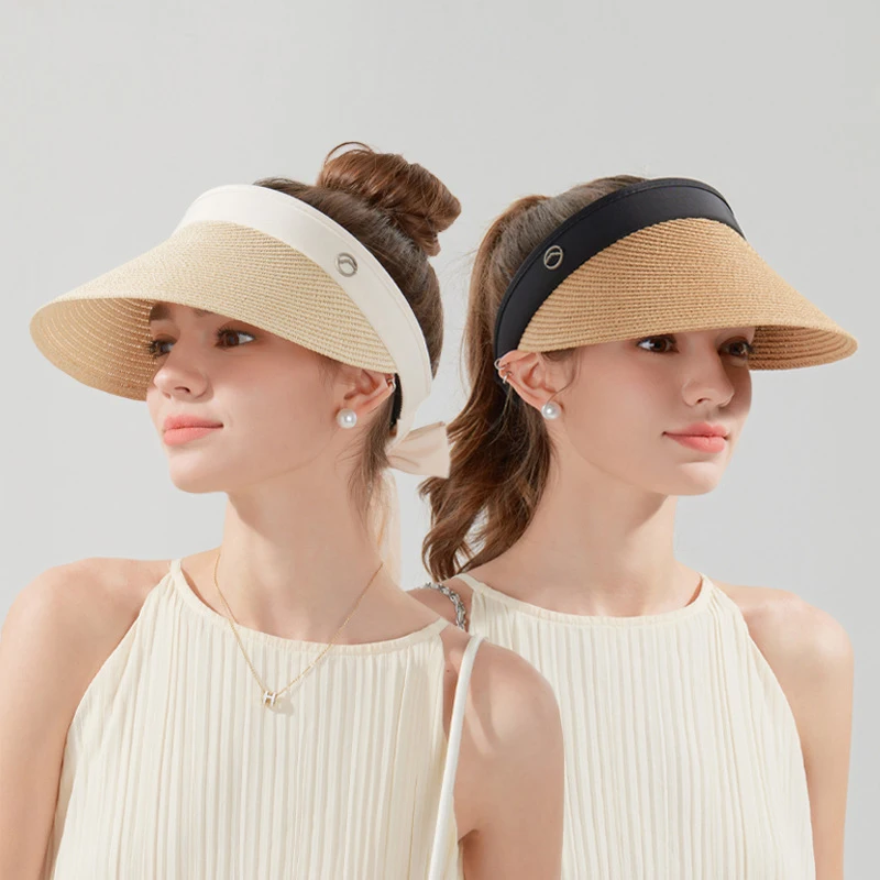 1pc Summer Straw Beach Hat Travel Visor Hat Fashionable and Versatile Empty Top Hat Grass Woven Striped Large Eave Hat