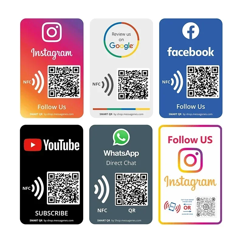 Señal de medios de Negocios Sociales, señal NFC, toque síguenos en Instagram, código QR, revisión de Google, tarjeta de Facebook para tienda