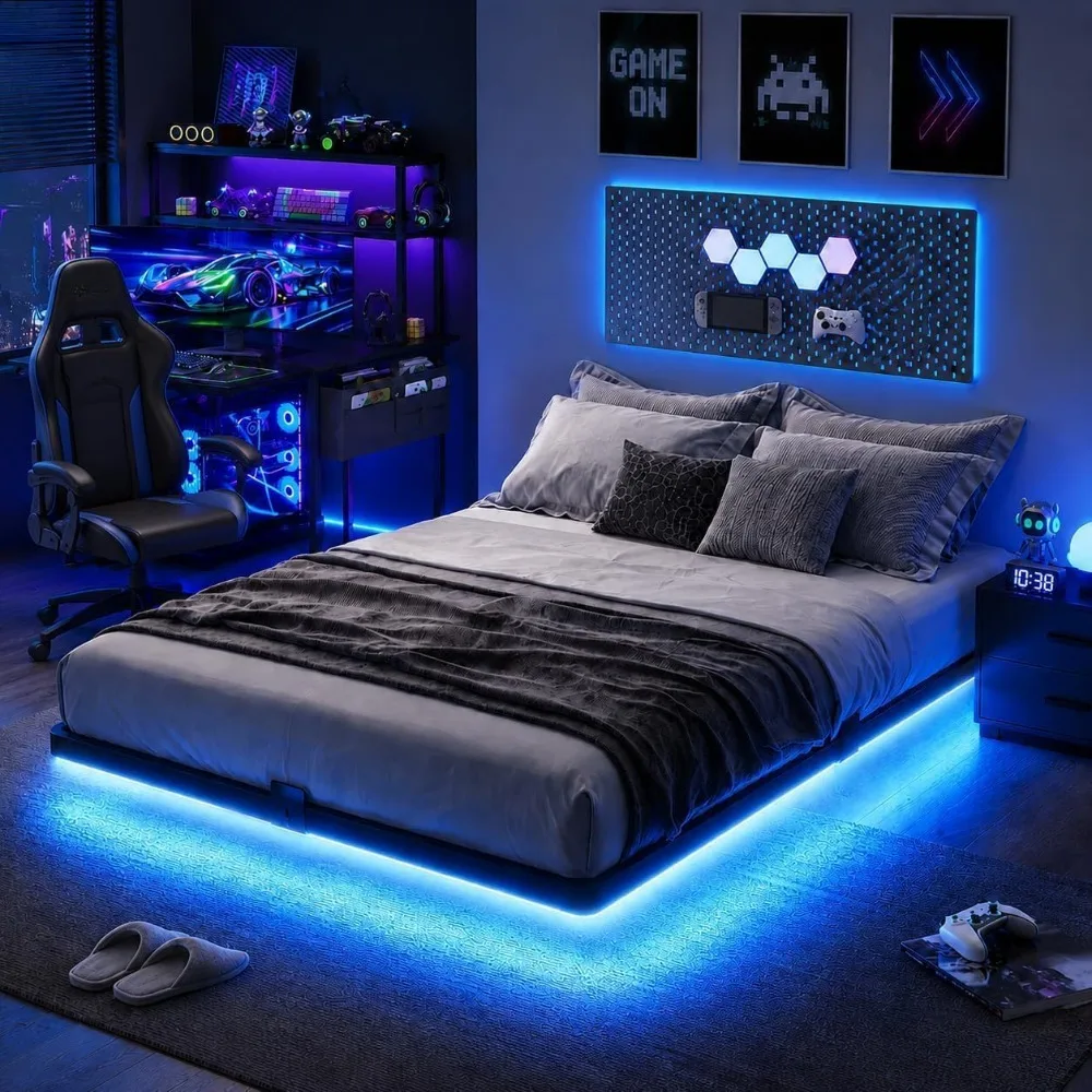Floating Queen Size Bed Frame with Smart LED Lights