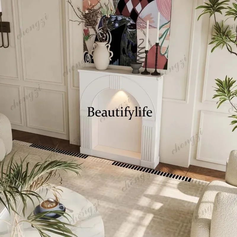 HR French, Simulation Fireplace European Arched Decorative Cabinet Light Cream Wind Mantel Living Room, Carved Cabinet