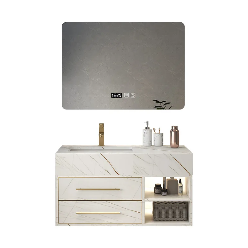 Armário de banheiro de luxo com luz moderna, bancada de granito artificial, espelho inteligente, durável, resistente à água, 5 anos de garantia