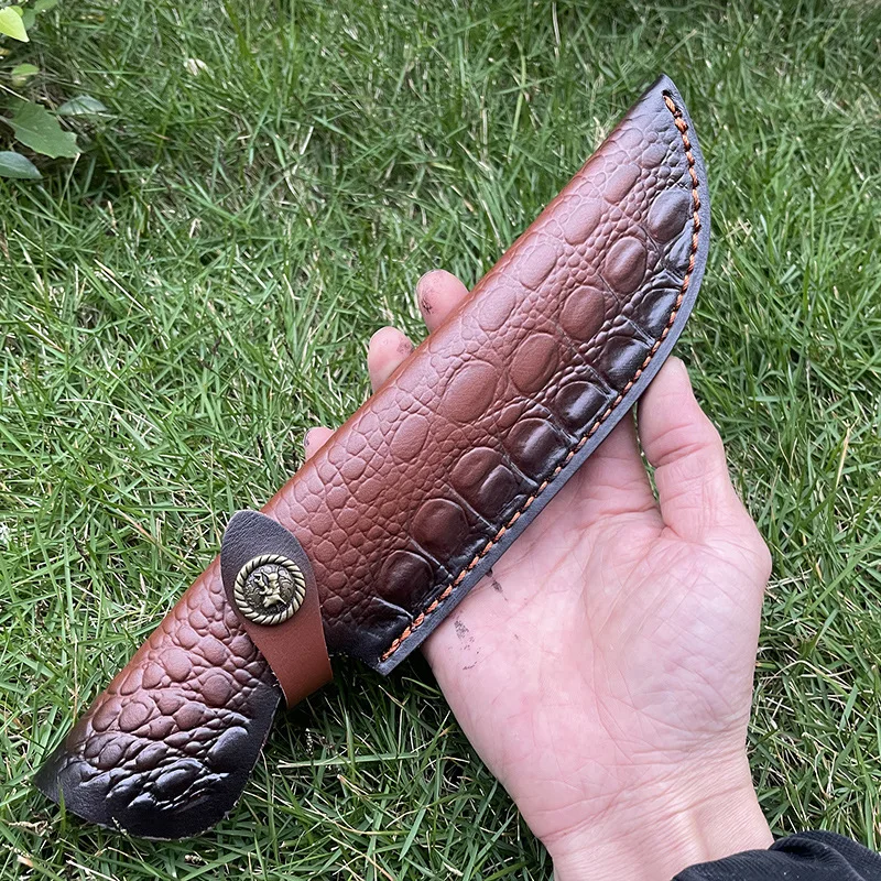 28cm Fixed Blade Knife Scabbard Embossed Cowhide Top Grain Leather Camping Knife Case Hunting Holsters with Belt Buckle