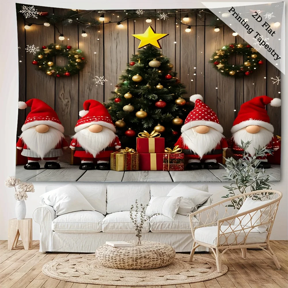 1pc Extra Large Christmas Tapestry Wall Hanging - Santa Claus, Elf & Tree Winter Scene - Red/Golden/Green Holiday Decor - Heavy-