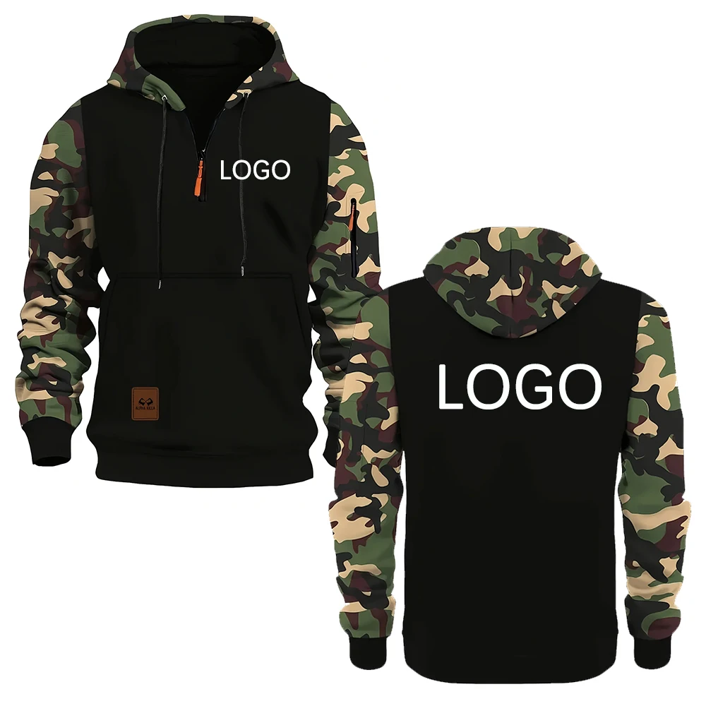 Customise your logo, men's hoodies, camouflage panelled sweatshirts, trendy zipper embellishments streetwear, custom gifts  men