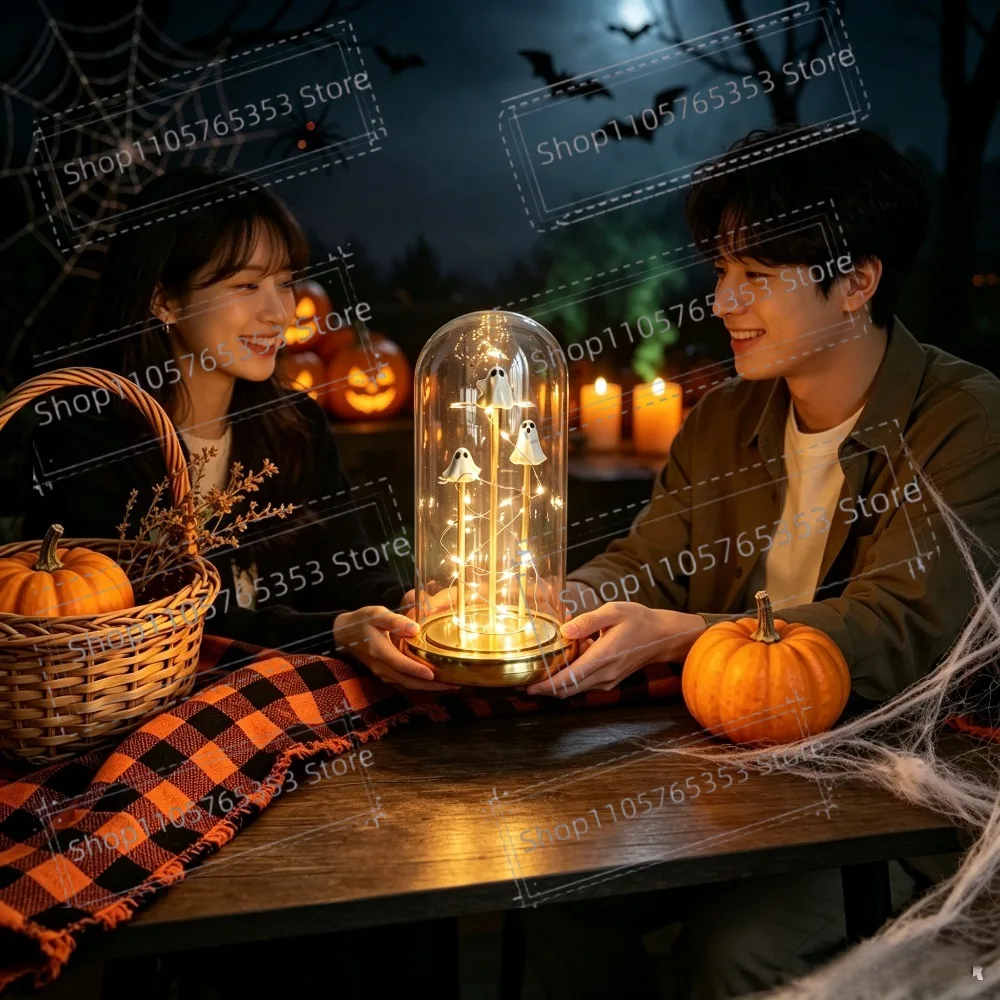 Halloween Ghost Hood Light 3 Mini Ghost Transparent Dome Small Night Lights Ghost in Glass Cloche Light Desktop Decoration