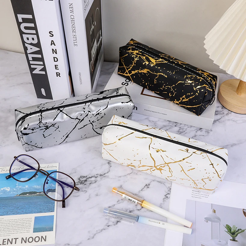 Marbling Pencil Case PU Leather Pencil Cases School Supplies Large Capacity Estuches Escolares Cute Stationery Pencil Pouch